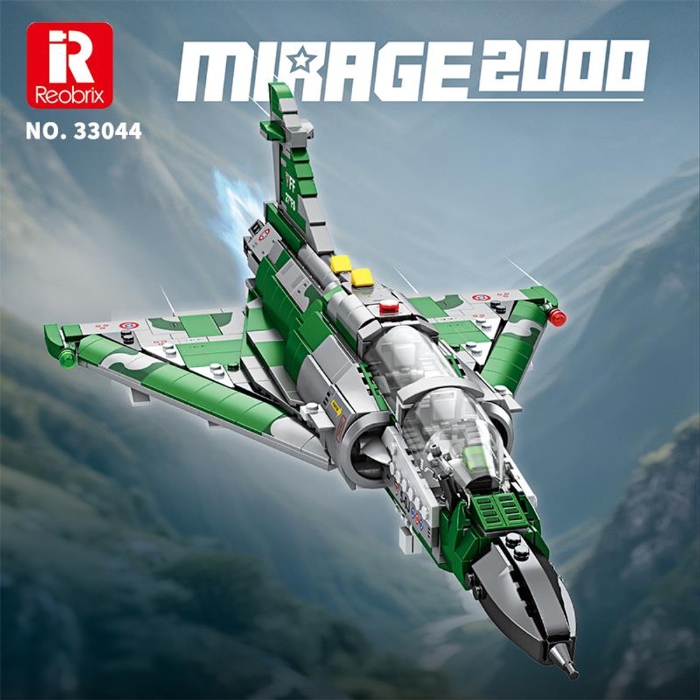 Mavi egzoz dumanlı, yeşil ve gri Mirage 2000 savaş jeti modeli.