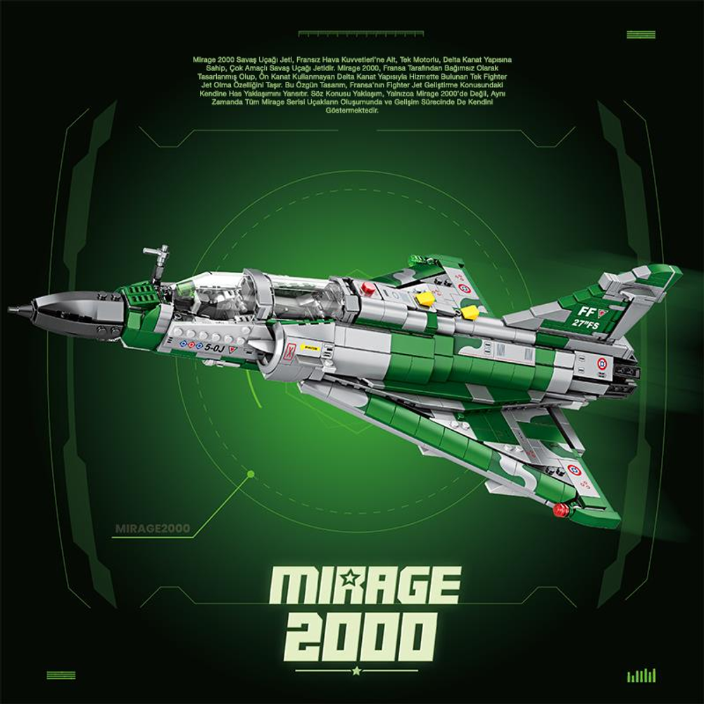 Yeşil ve gümüş renkli Mirage 2000 savaş jeti Lego modeli.