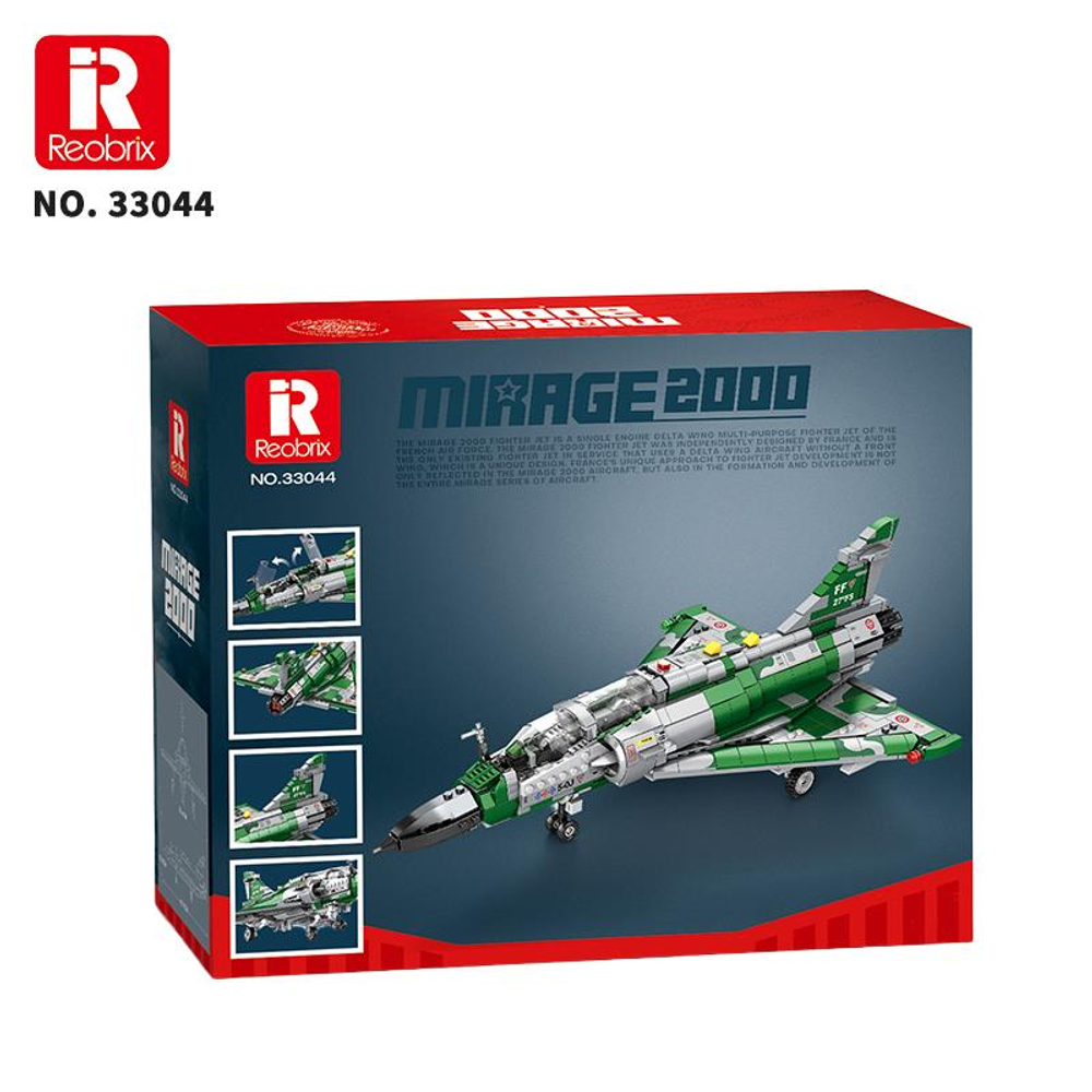 Ürün bilgilerini içeren yeşil ve beyaz Mirage 2000 savaş uçağı modelinin kutusu.