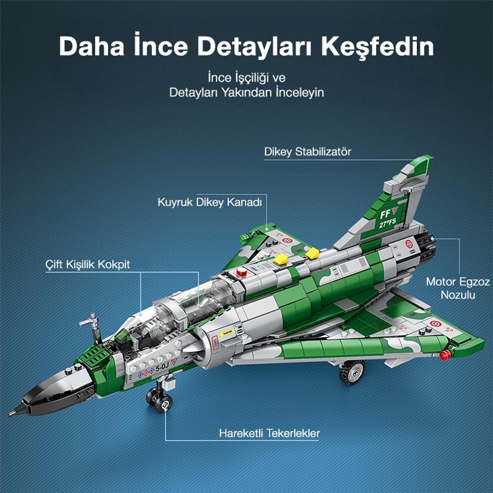 Etiketli yeşil ve gri Lego savaş uçağı, mavi arka plan üzerinde sergileniyor.