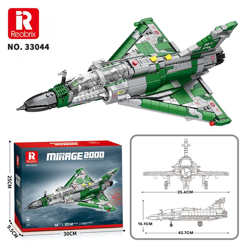 Yeşil ve gri model uçak, kit kutusu ve teknik çizimler. Reobrix Mirage 2000.