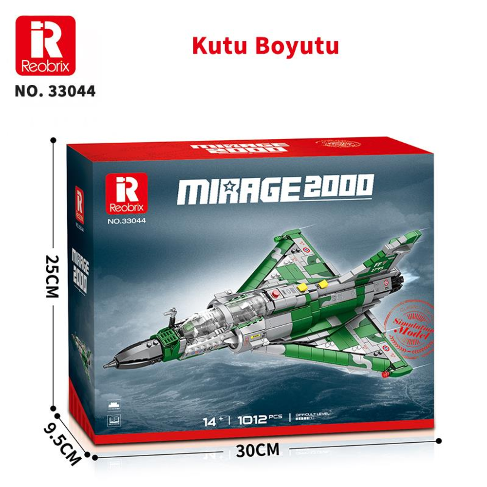 Yeşil ve gümüş Mirage 2000 savaş uçağı modelinin kutusu. Boyutları belirtilmiştir.