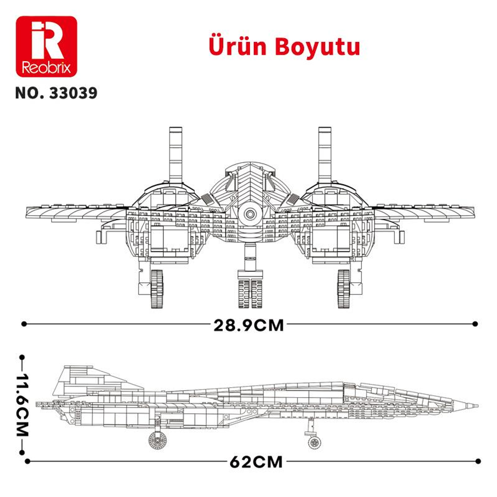 Uçağın teknik çizimi boyutlarıyla: 28,9 cm genişlik, 11,6 cm yükseklik, 62 cm uzunluk.