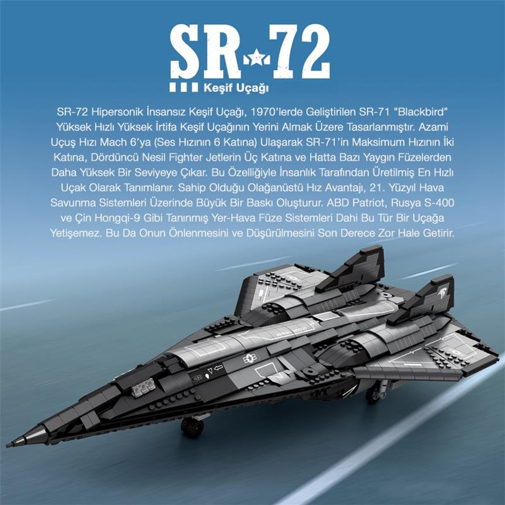 Birçok küçük yapı taşıyla yapılmış siyah SR-72 keşif uçağının detaylı bir modeli.
