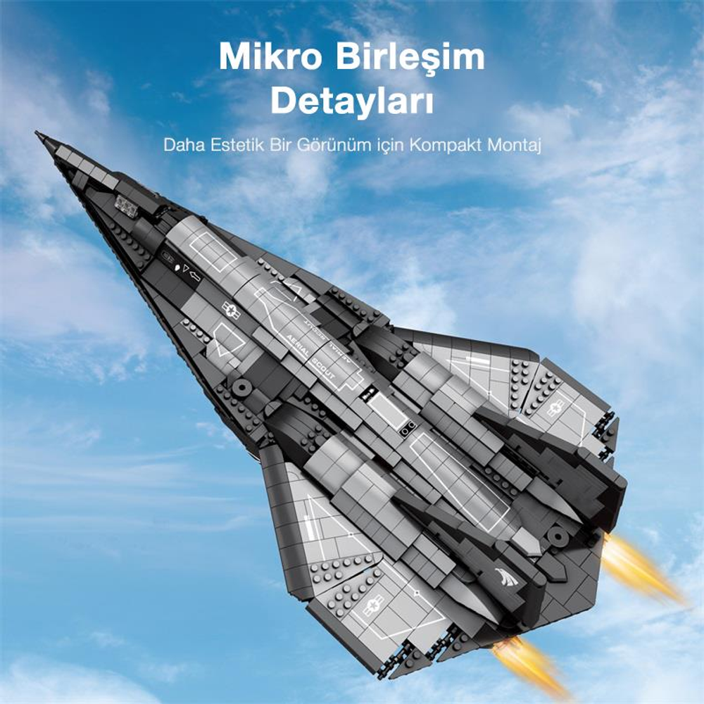 Gri Lego uzay gemisi, motorlarından çıkan alevlerle mavi gökyüzüne karşı uçuyor.