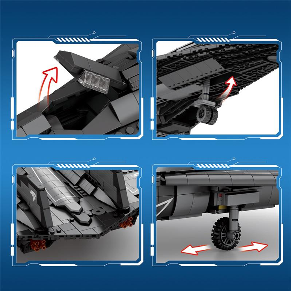 Geri çekilebilir iniş takımları ve açılabilir kokpiti olan siyah Lego uçak.