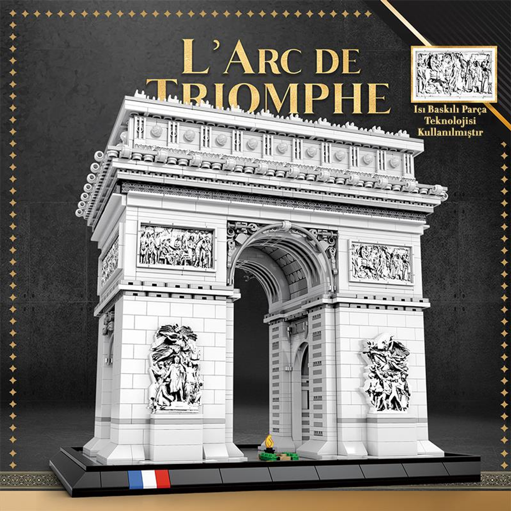 Karmaşık detaylar ve heykellerle beyaz Arc de Triomphe modeli.
