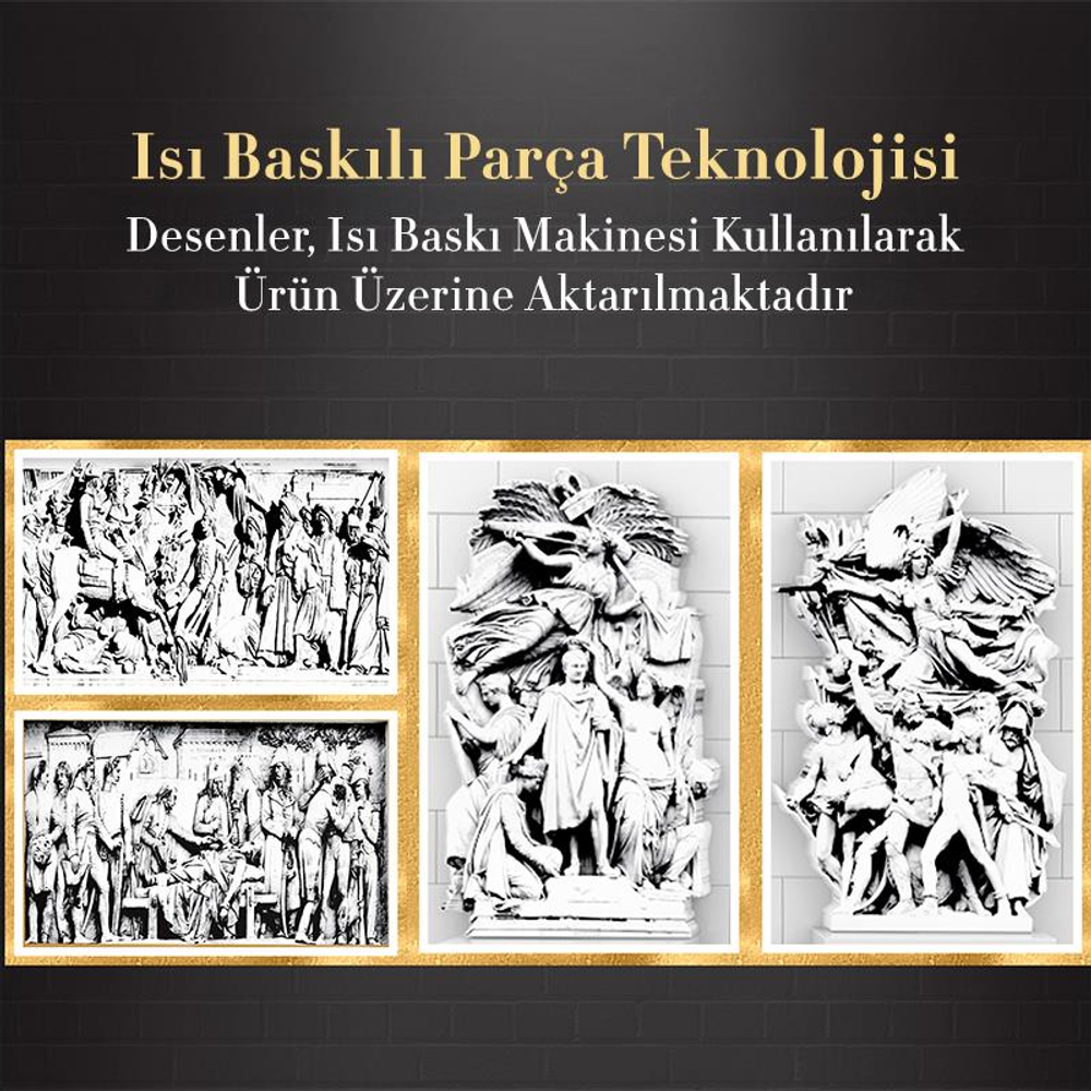 Üç rölyef: bir savaş sahnesi, bir insan grubu ve iki alegorik figür.