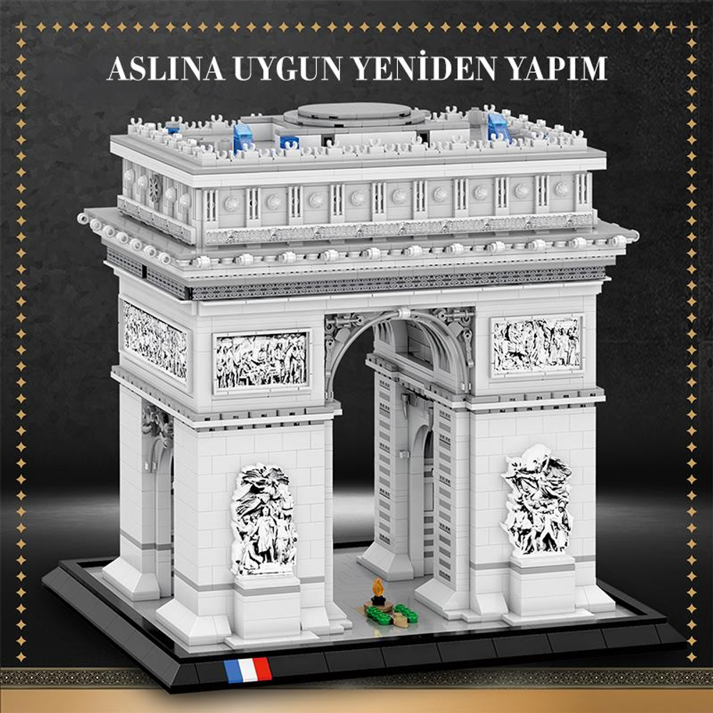 Beyaz tuğla Arc de Triomphe modeli, detaylı heykeller ve kemerler.