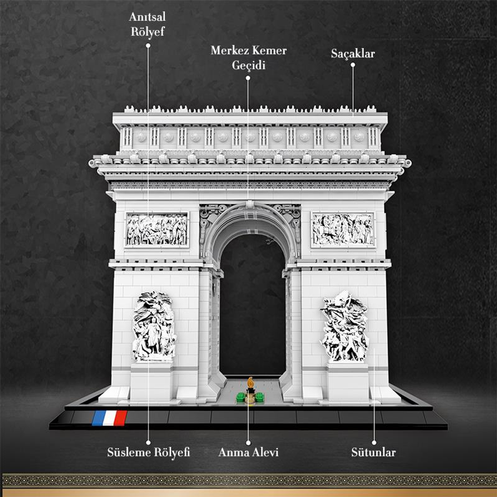 Etiketli beyaz Arc de Triomphe modeli. Alev ve sütunlar içerir.