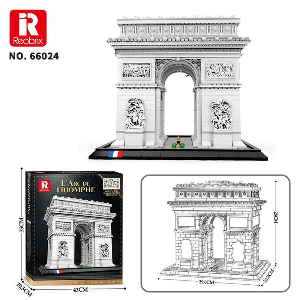 Reobrix Arc de Triomphe yapım parçası modeli, ambalajı ve boyutları ile.