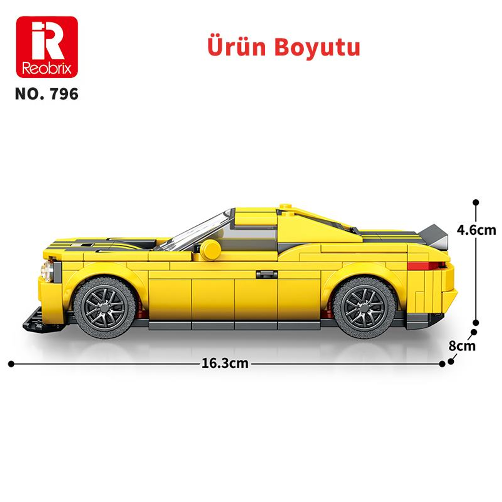 Siyah tekerlekli ve ölçüleri belirtilmiş sarı oyuncak araba.
