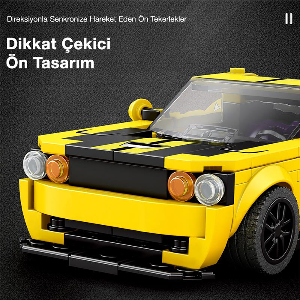 Siyah şeritli ve şeffaf farlı sarı Lego spor araba.
