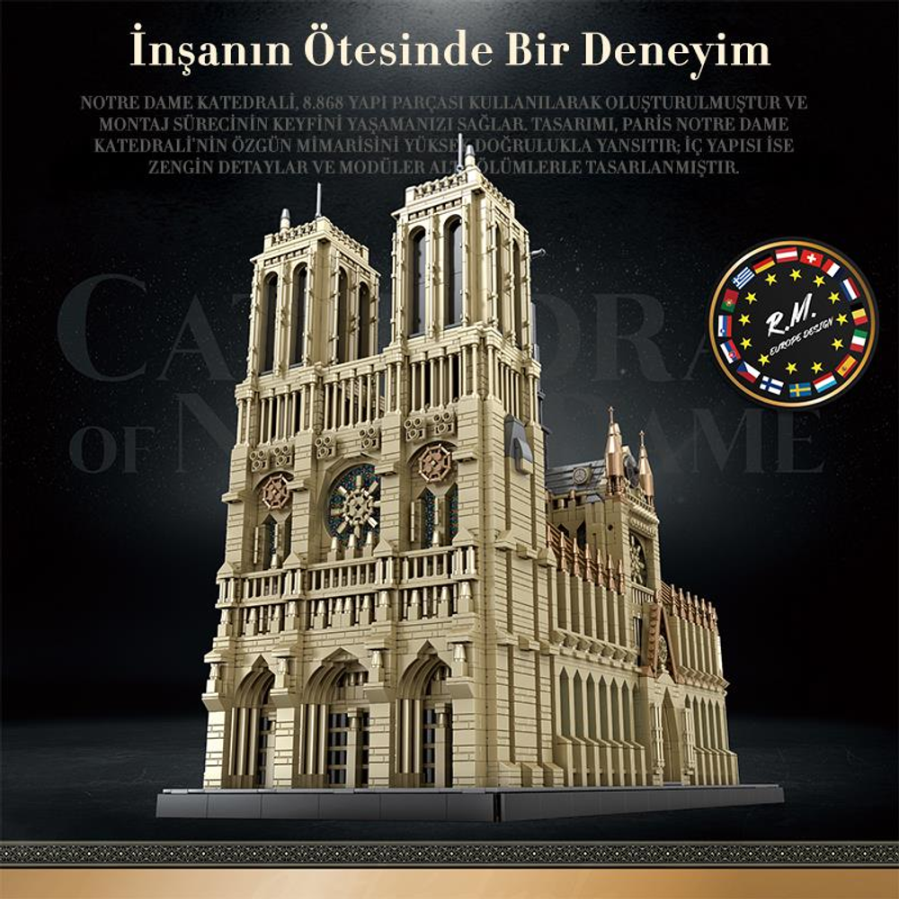 Açık bej yapı bloklarından yapılmış detaylı Notre Dame Katedrali modeli.