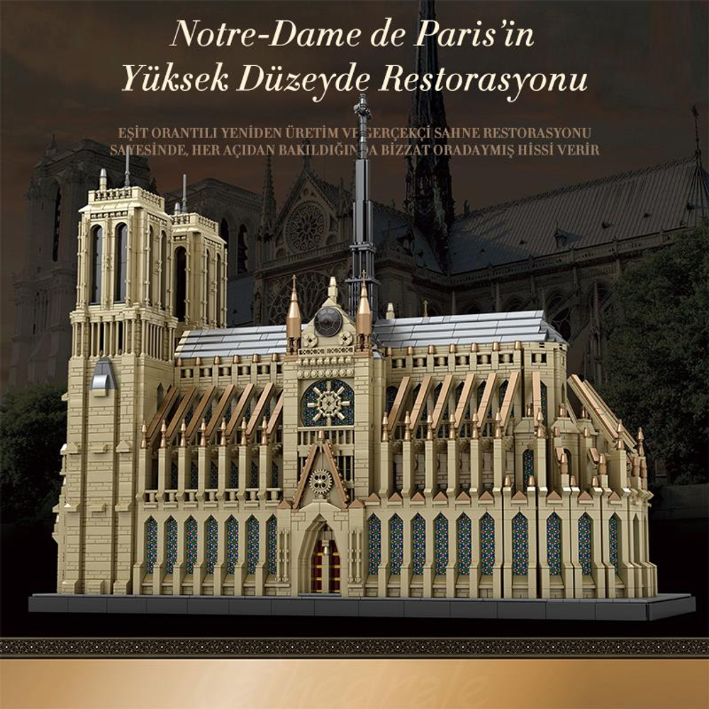 Notre-Dame de Paris katedralinin altın rengi detaylara sahip, bej renkli ayrıntılı modeli.