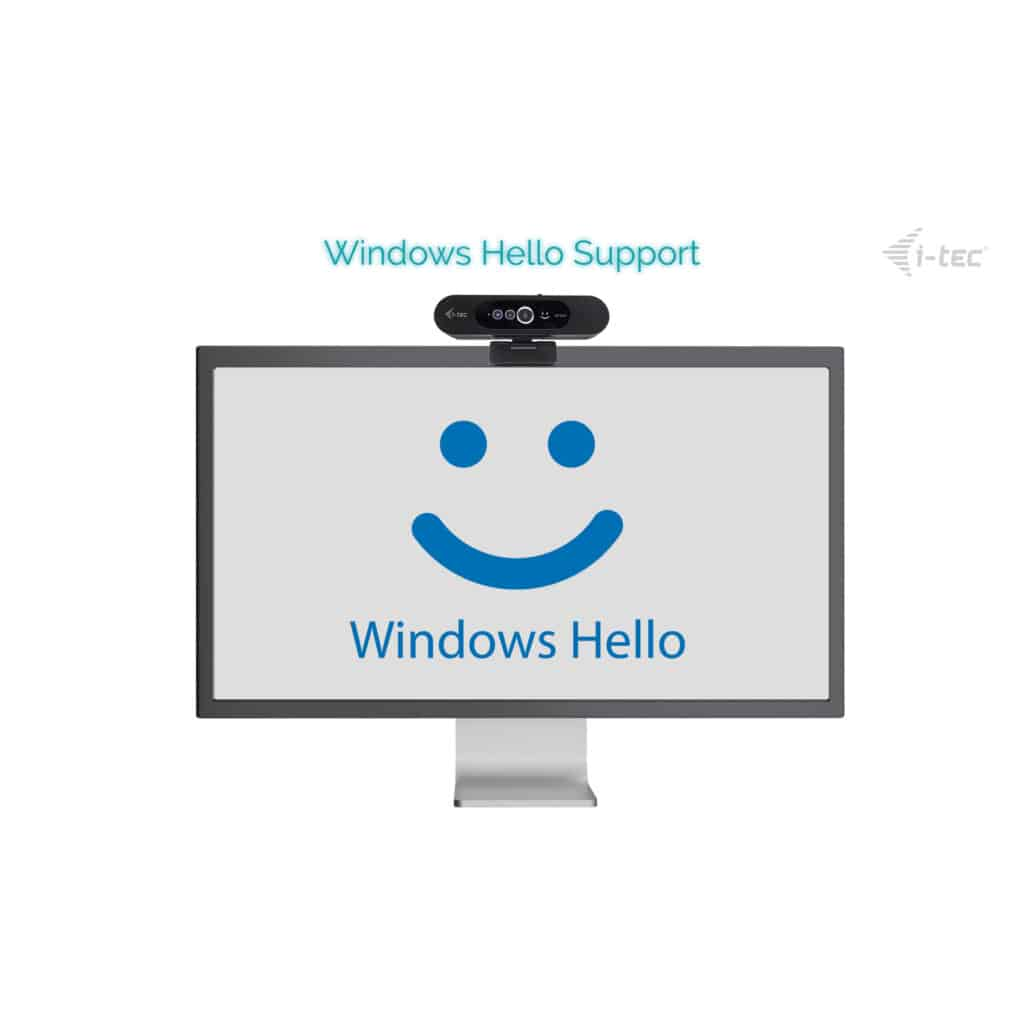 Un monitor con una faccina sorridente e testo, con una webcam sopra.