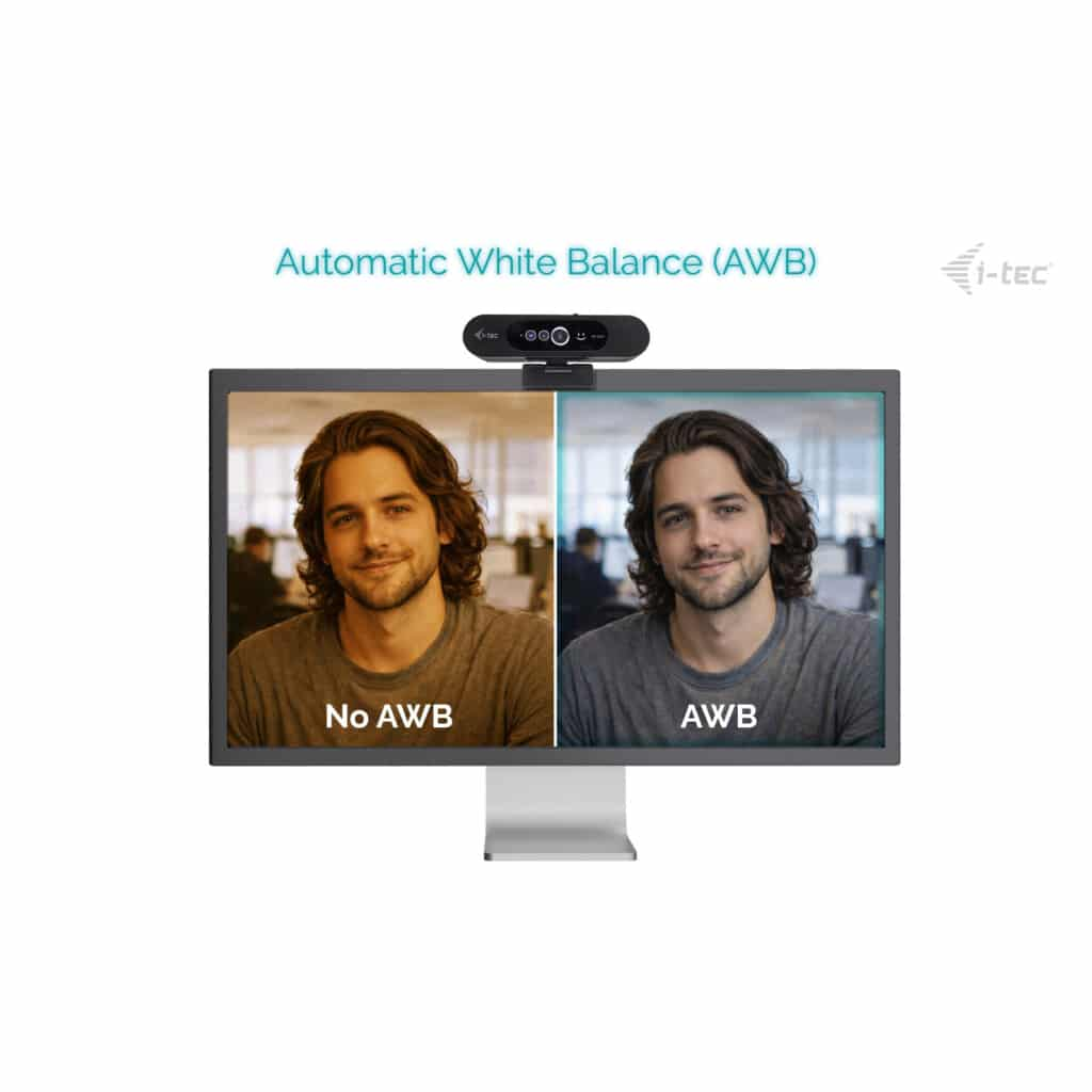 Schermo diviso che mostra il viso di un uomo, con e senza AWB. Webcam sopra.