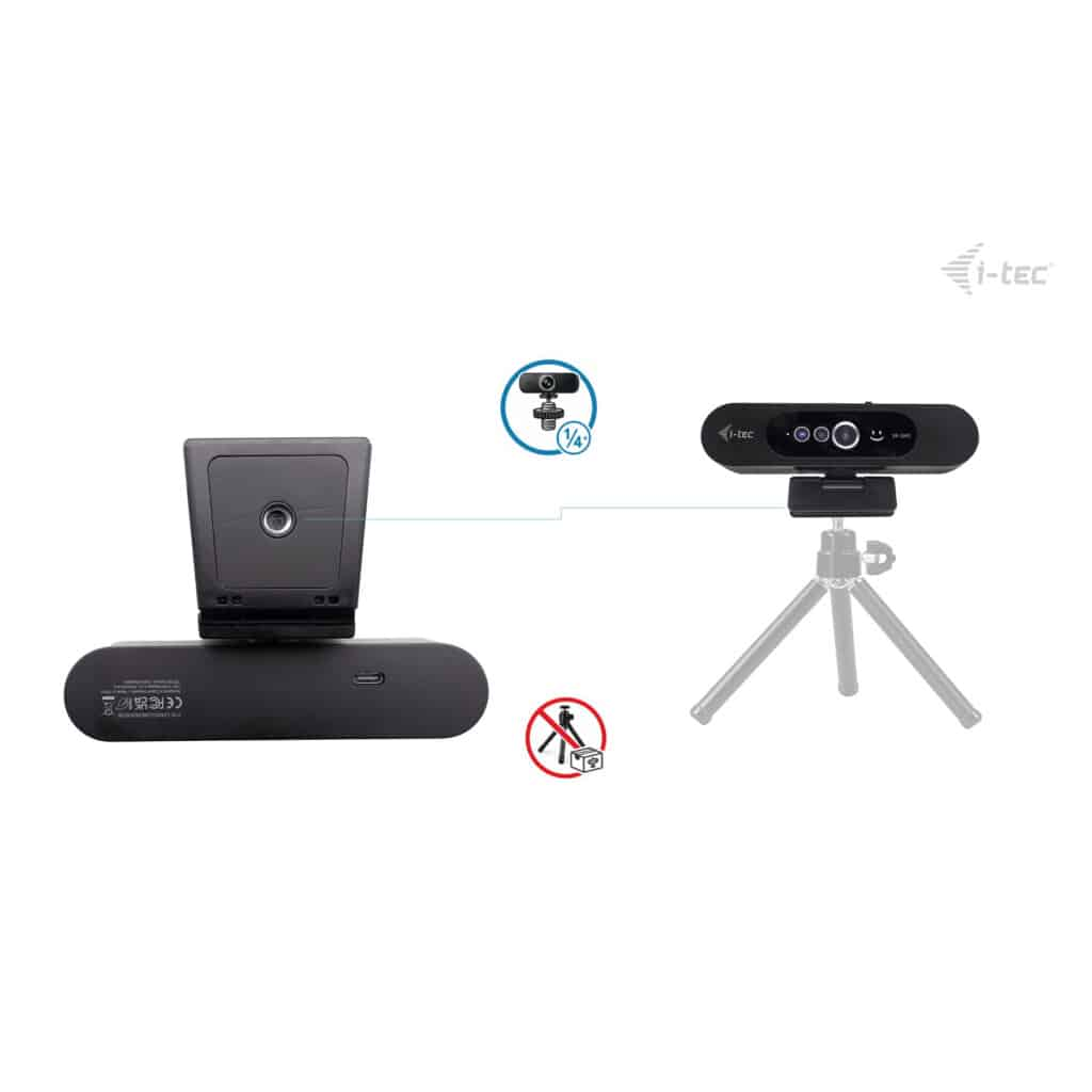 Due webcam nere, una con treppiede, una con clip, su sfondo bianco.