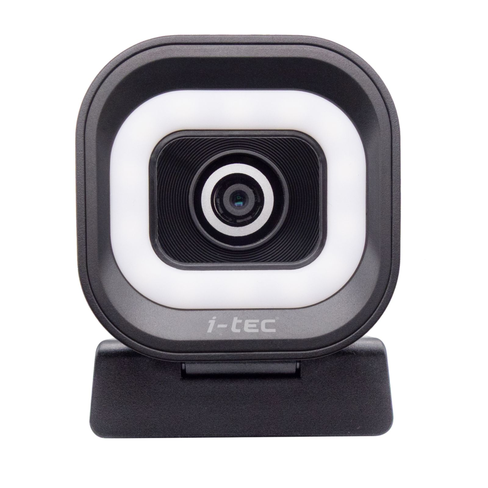 Una webcam nera con una luce bianca circolare attorno all'obiettivo.