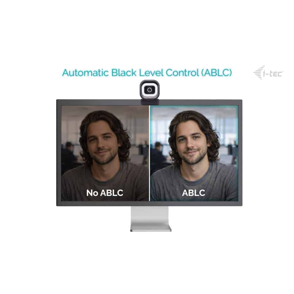 Schermo mostra uomo con e senza ABLC, con webcam sopra.