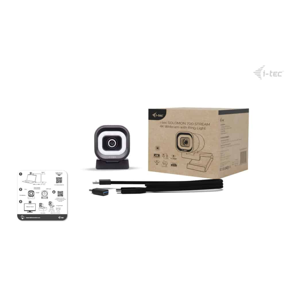 Una webcam 4K i-tec con anello luminoso, cavo e manuale.