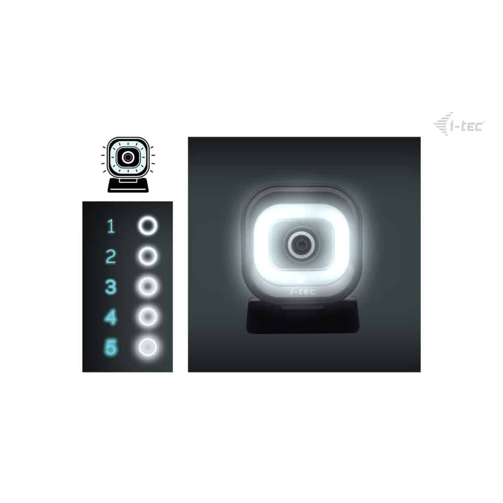 Webcam con luce ad anello luminosa, accanto una scala da 1 a 5.
