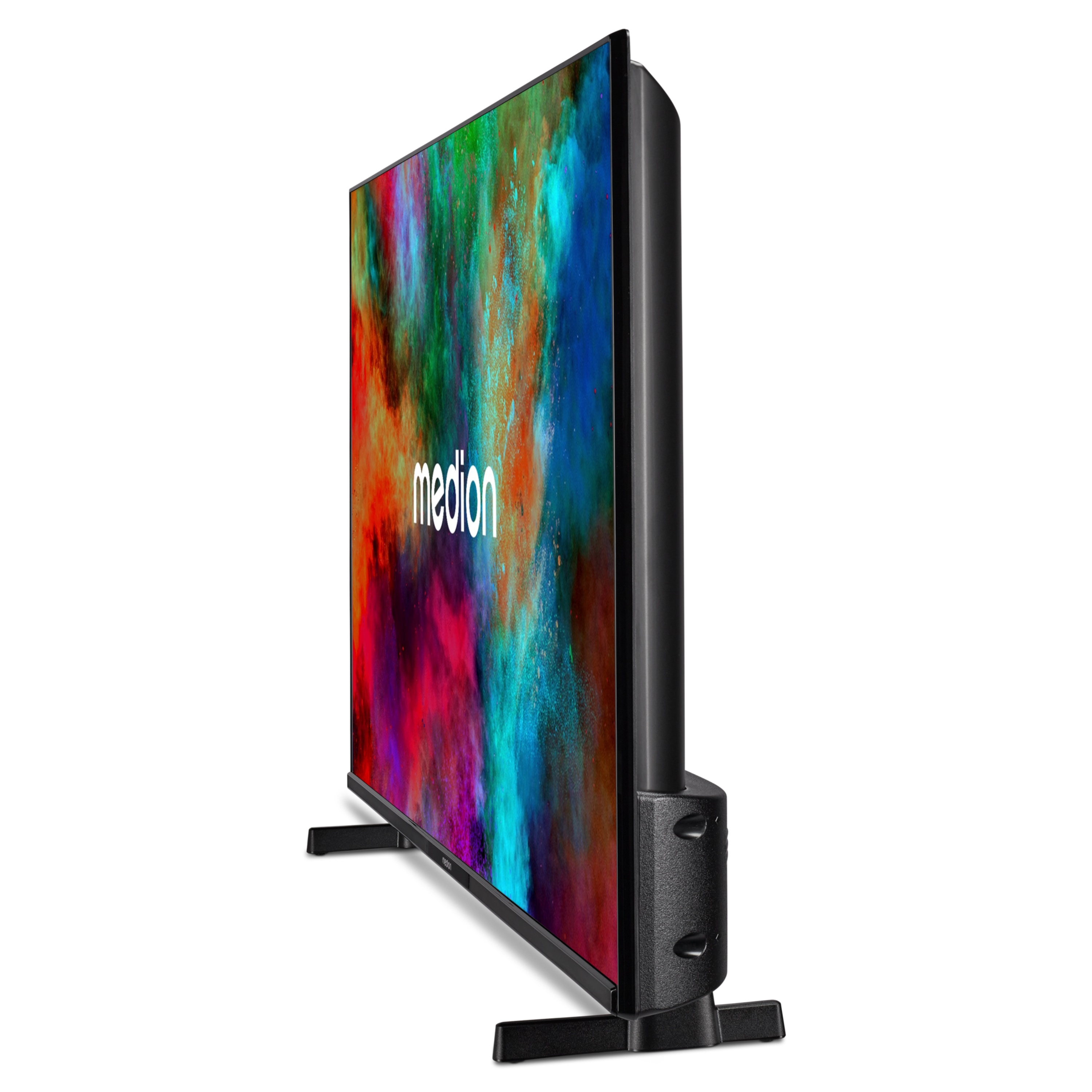 Een zwarte flatscreen tv met een kleurrijk beeld en het Medion-logo.