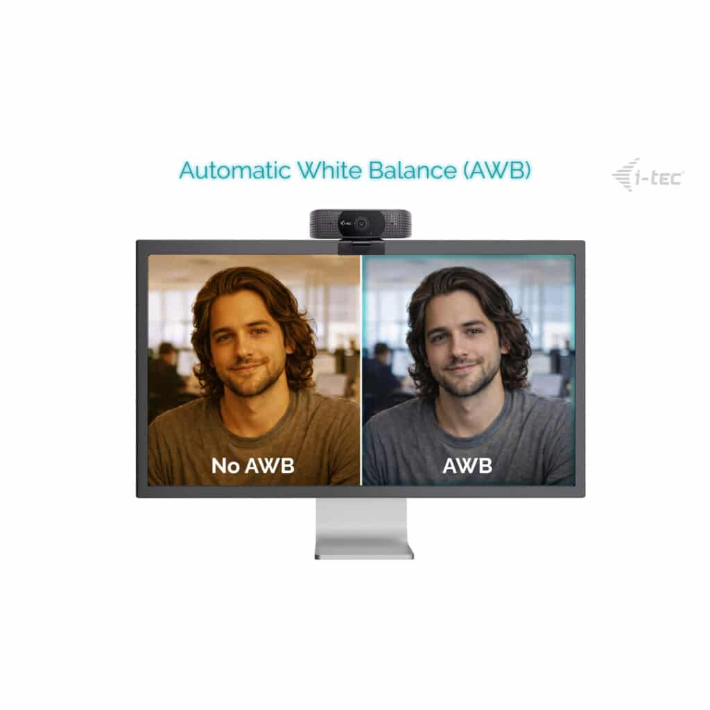 Schermo comparativo: Sinistra senza AWB, destra con AWB. Uomo sorridente.