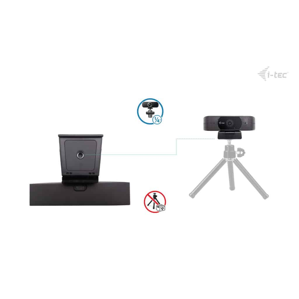 Webcam su treppiede, supporto accanto. Vengono mostrate le istruzioni di montaggio.