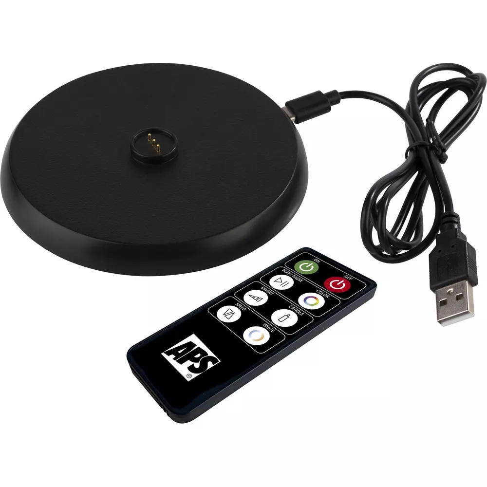 Schwarzer Sockel mit Ladeanschluss, Fernbedienung und USB-Kabel.