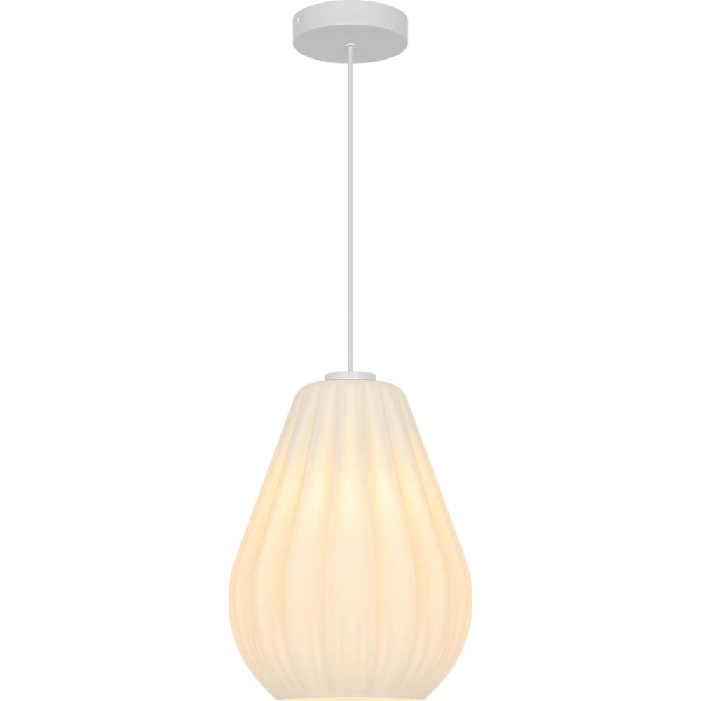 Une lampe suspendue blanche avec un abat-jour nervuré en forme de larme.