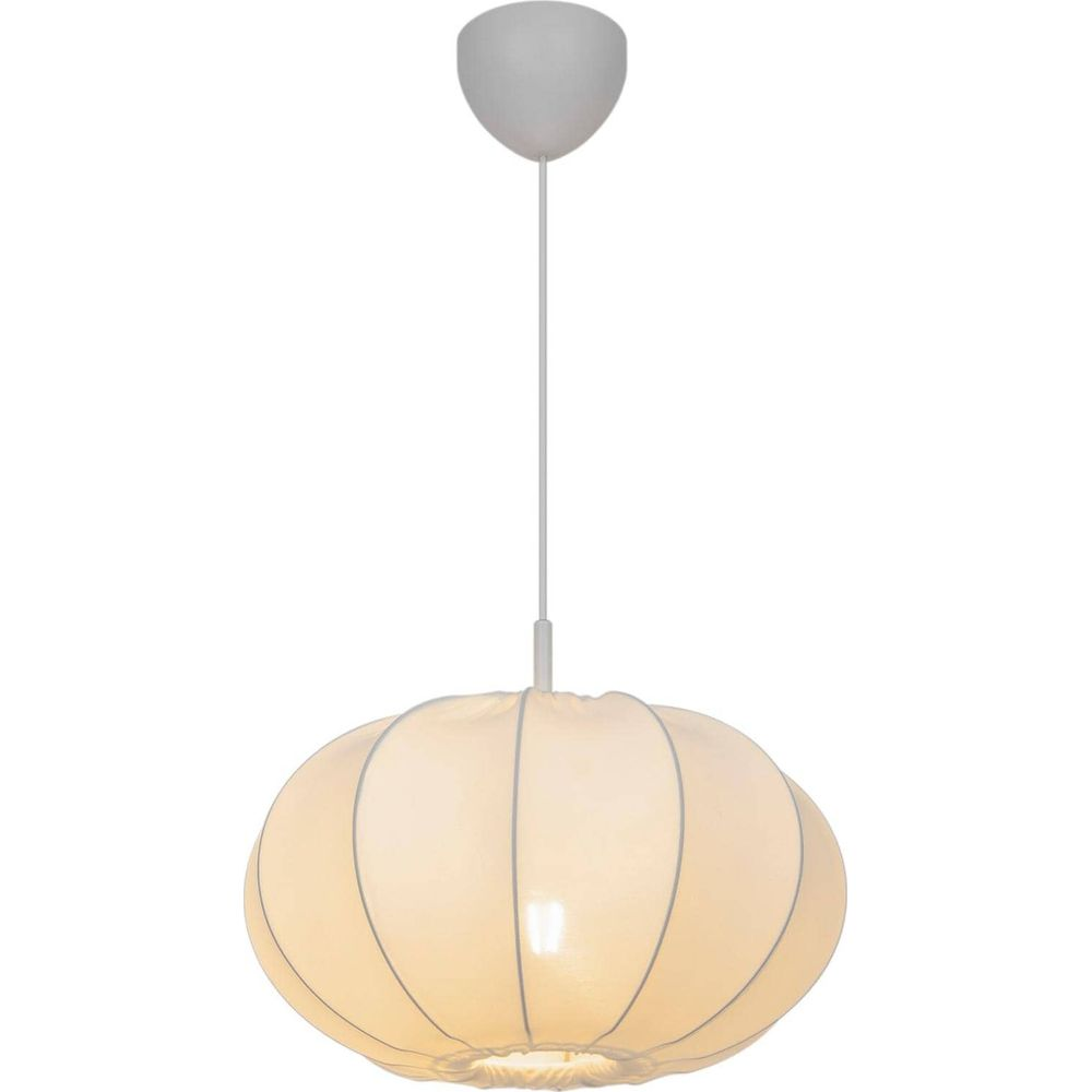 Plafonnier blanc avec abat-jour rond en tissu, en forme de ballon.