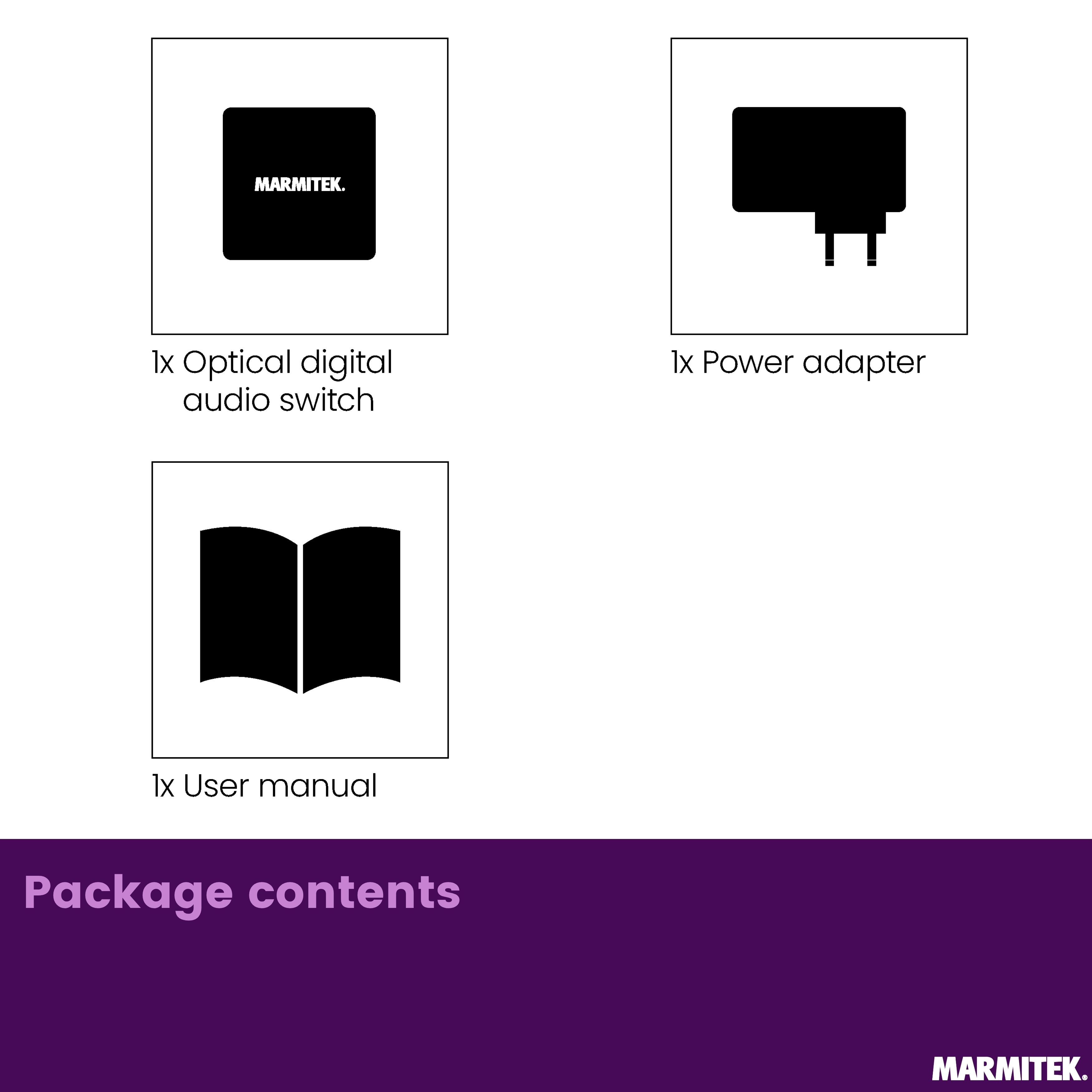 Package contents: optical audio switch, power adapter, user manual.