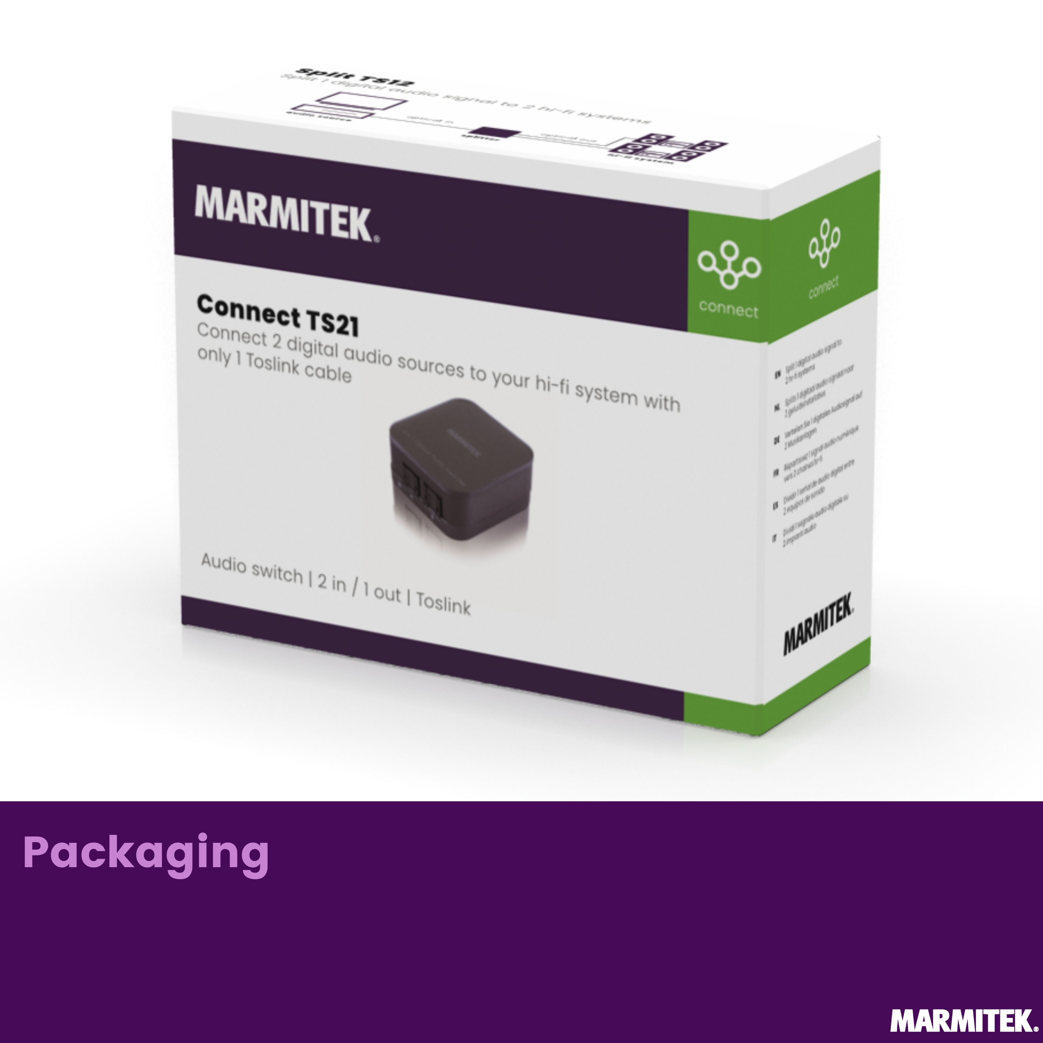 Marmitek Connect TS21 Audio Switch packaging with product image and text.