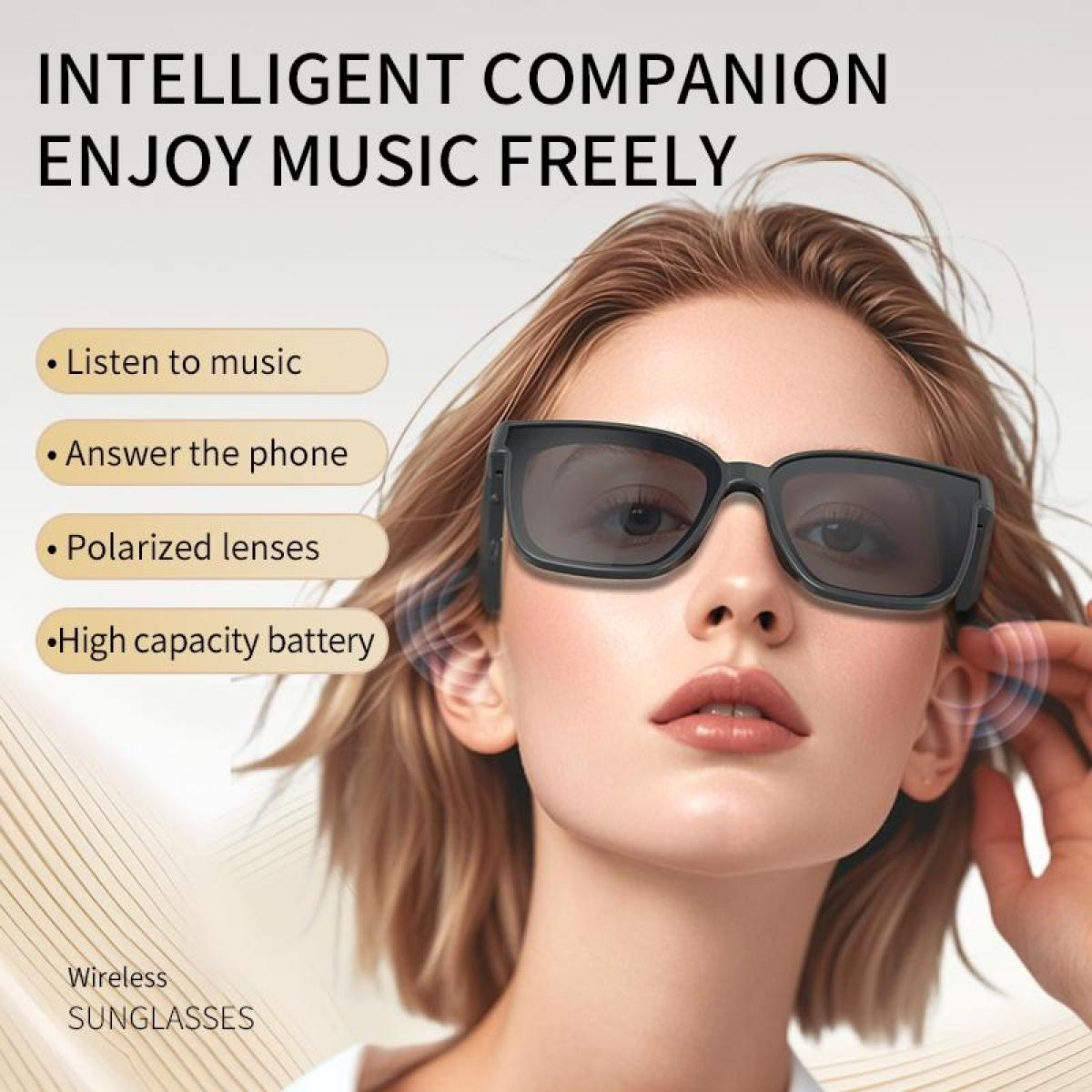 Frau mit dunkler Sonnenbrille, die Musik, Telefon, polarisierte Gläser und Akku anzeigt.