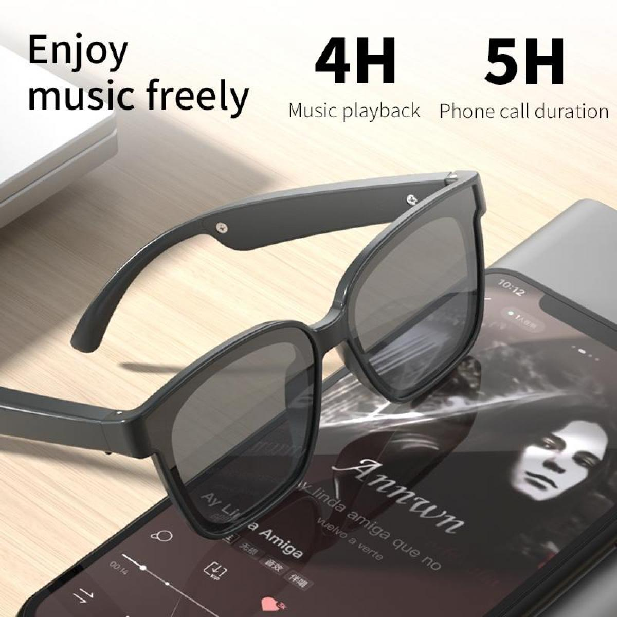 Schwarze Smart-Sonnenbrille liegt auf einem Smartphone mit Musik-App.