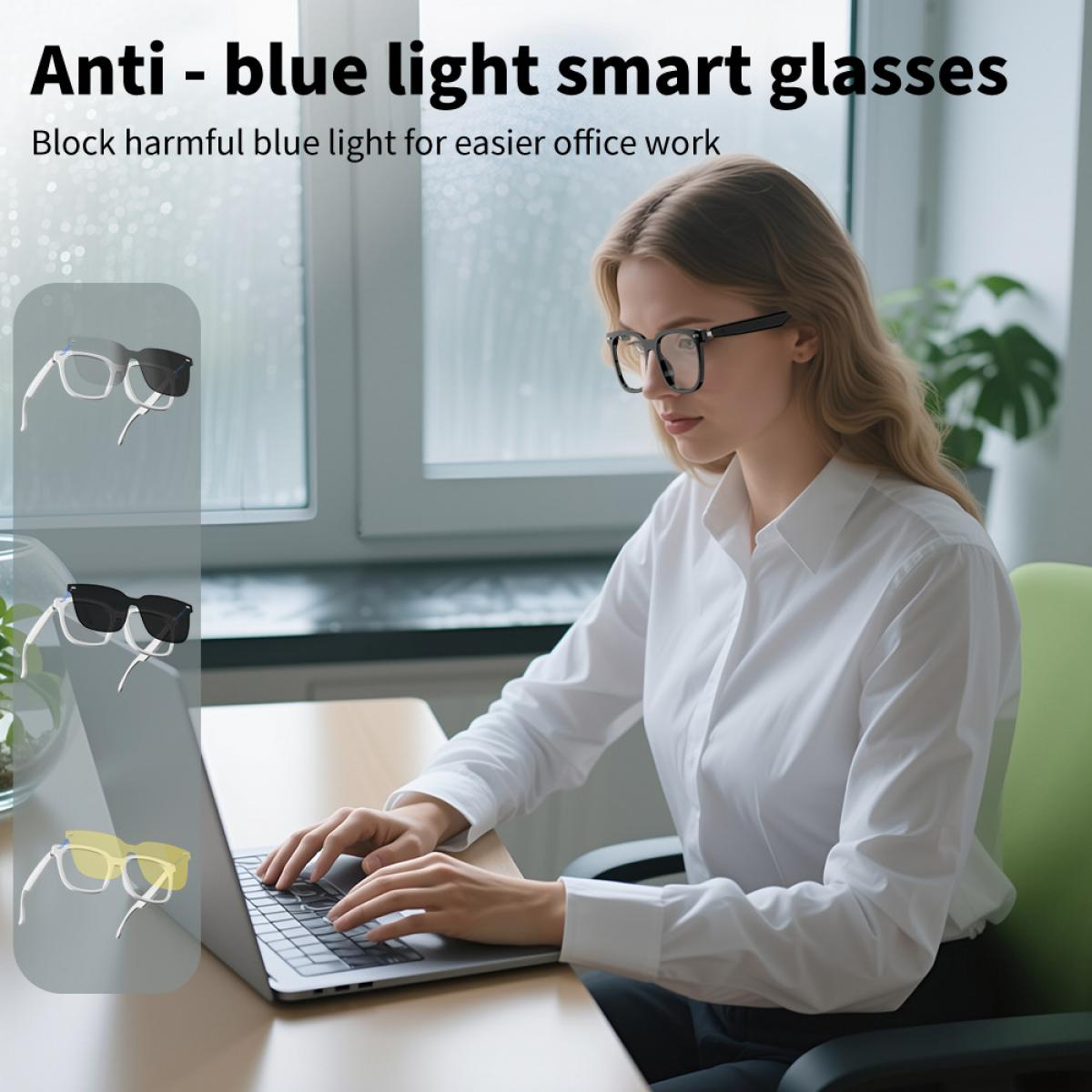Frau mit Brille tippt auf Laptop, Smart Glasses-Display daneben.