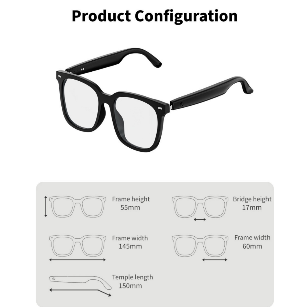 Produktkonfiguration: Schwarze Brille mit Maßen (H 55mm, B 145mm, B 60mm, Steg 17mm, Bügel 150mm).