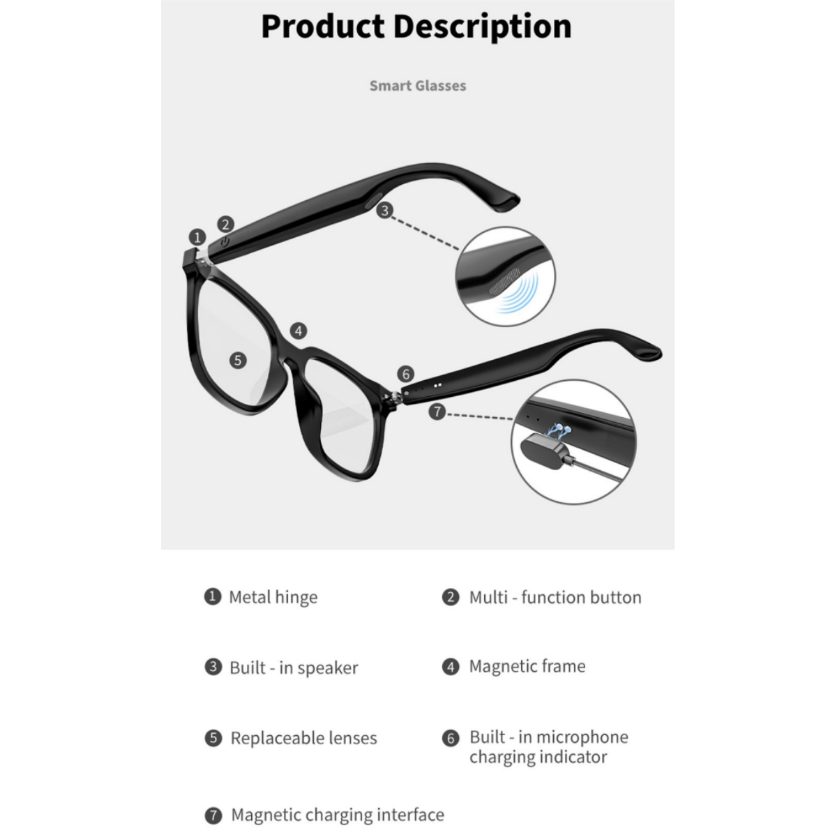 Schwarze Smart-Brille mit hervorgehobenen Teilen: Metallscharnier, Knopf, Lautsprecher, Magnetrahmen, Linsen und Ladeanschluss.