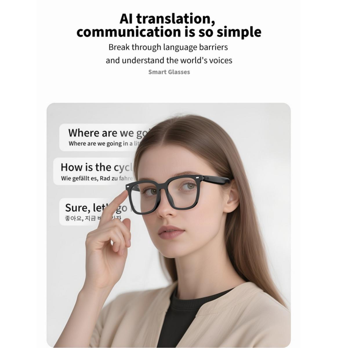Frau mit Brille, auf der Text über KI-Übersetzung angezeigt wird.