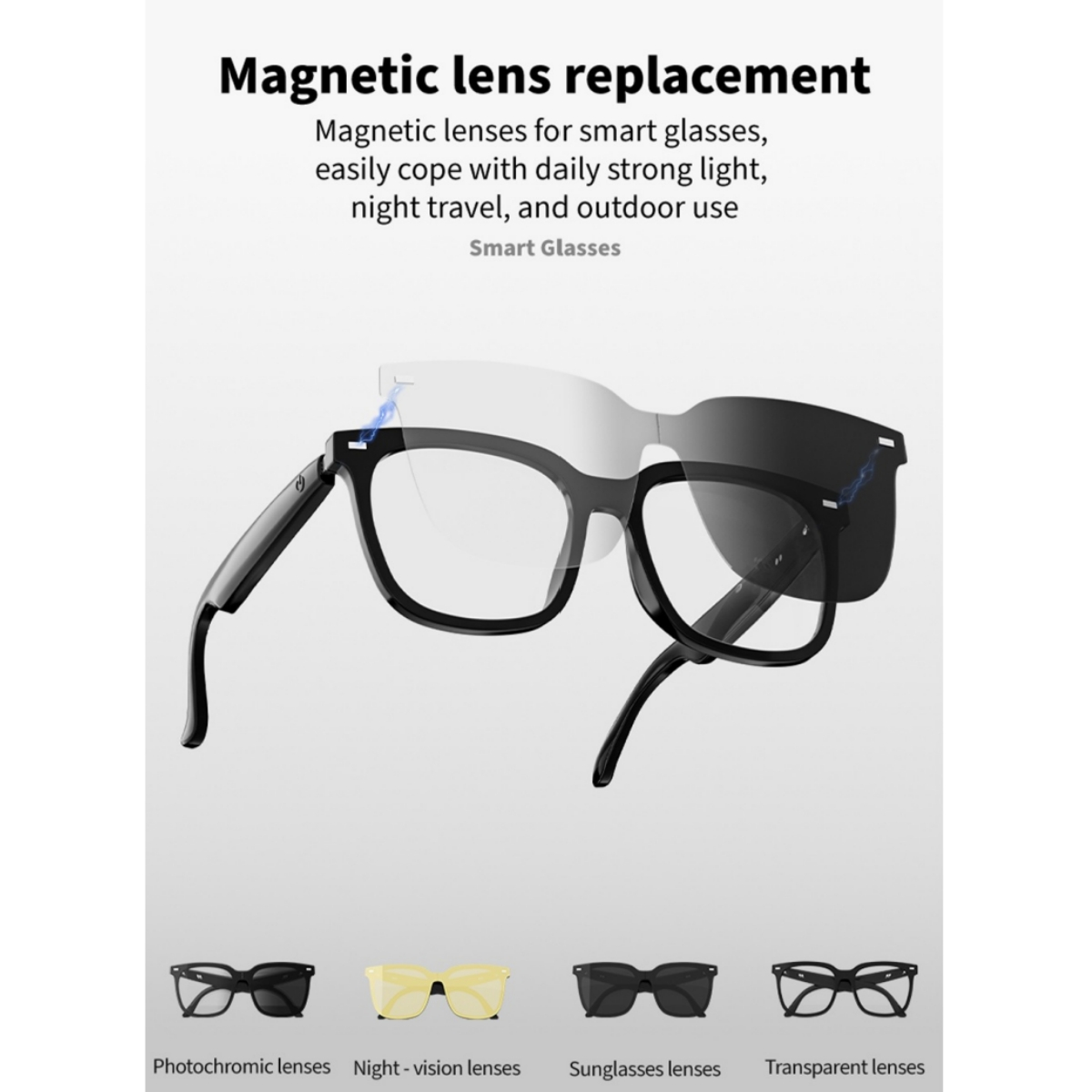 Schwarze Smart Glasses mit magnetischen austauschbaren Linsen: getönt, Nachtsicht, Sonnenbrille, klar.