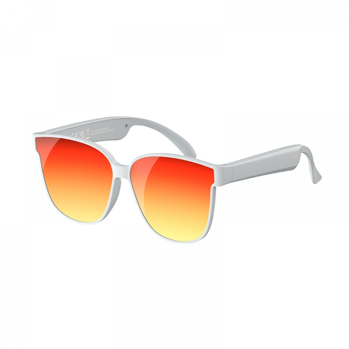 Weiße Sonnenbrille mit orange-gelben Gläsern, weißer Rahmen.