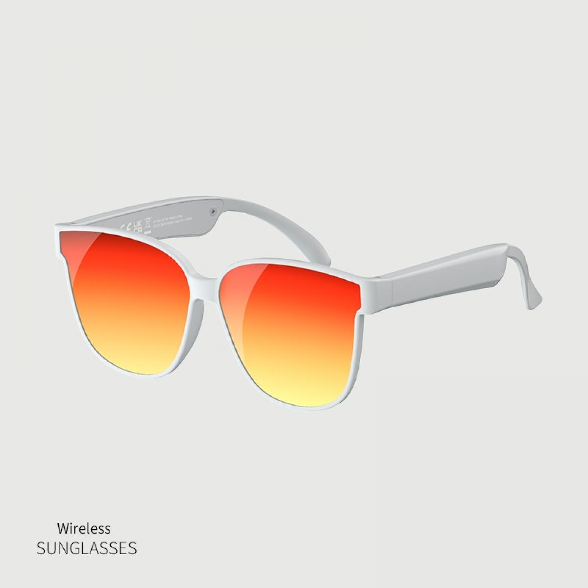 Wei'e Sonnenbrille mit orange-gelben Gläsern und integrierten Lautsprechern.