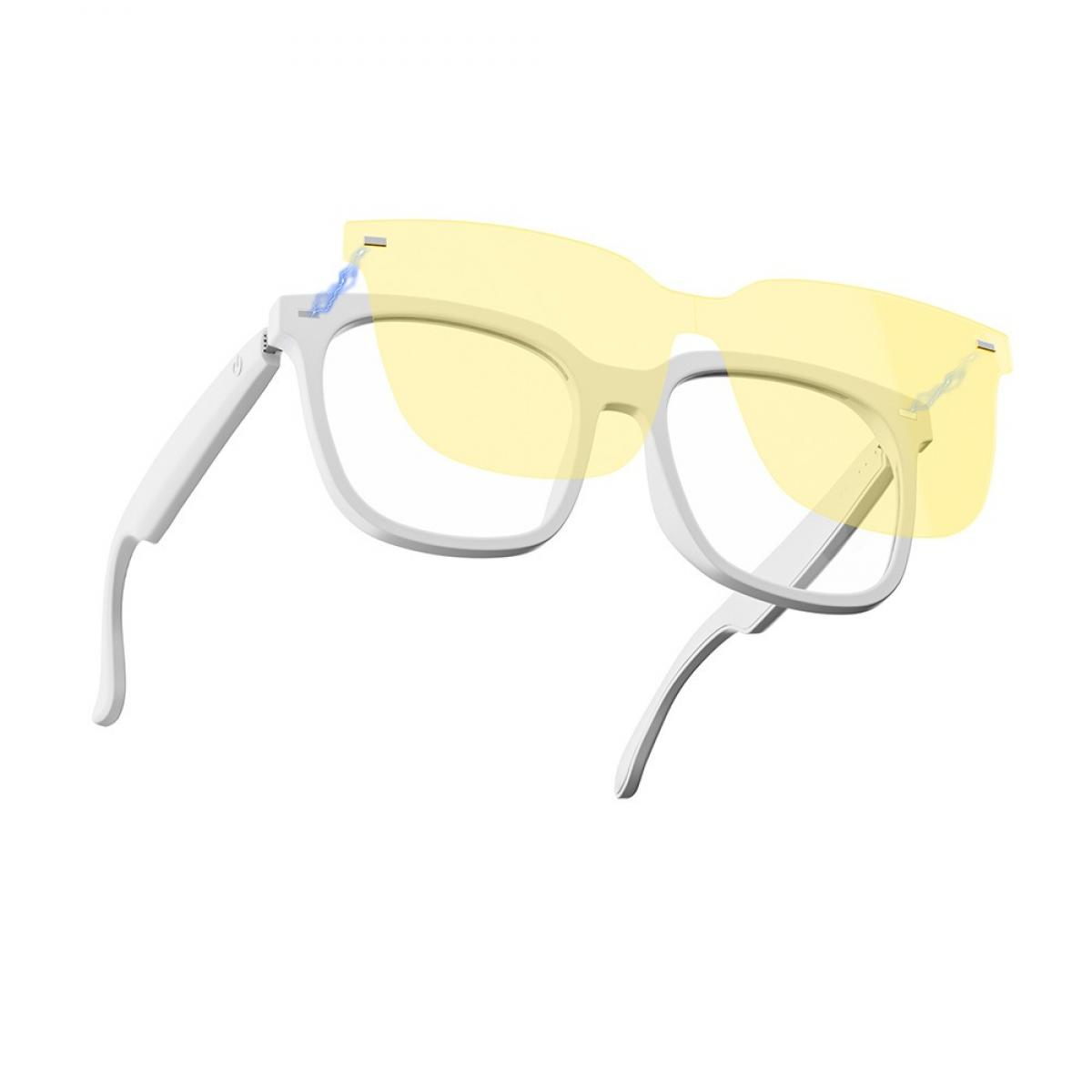 Eine weiße Brille mit magnetisch befestigten gelben Gläsern.
