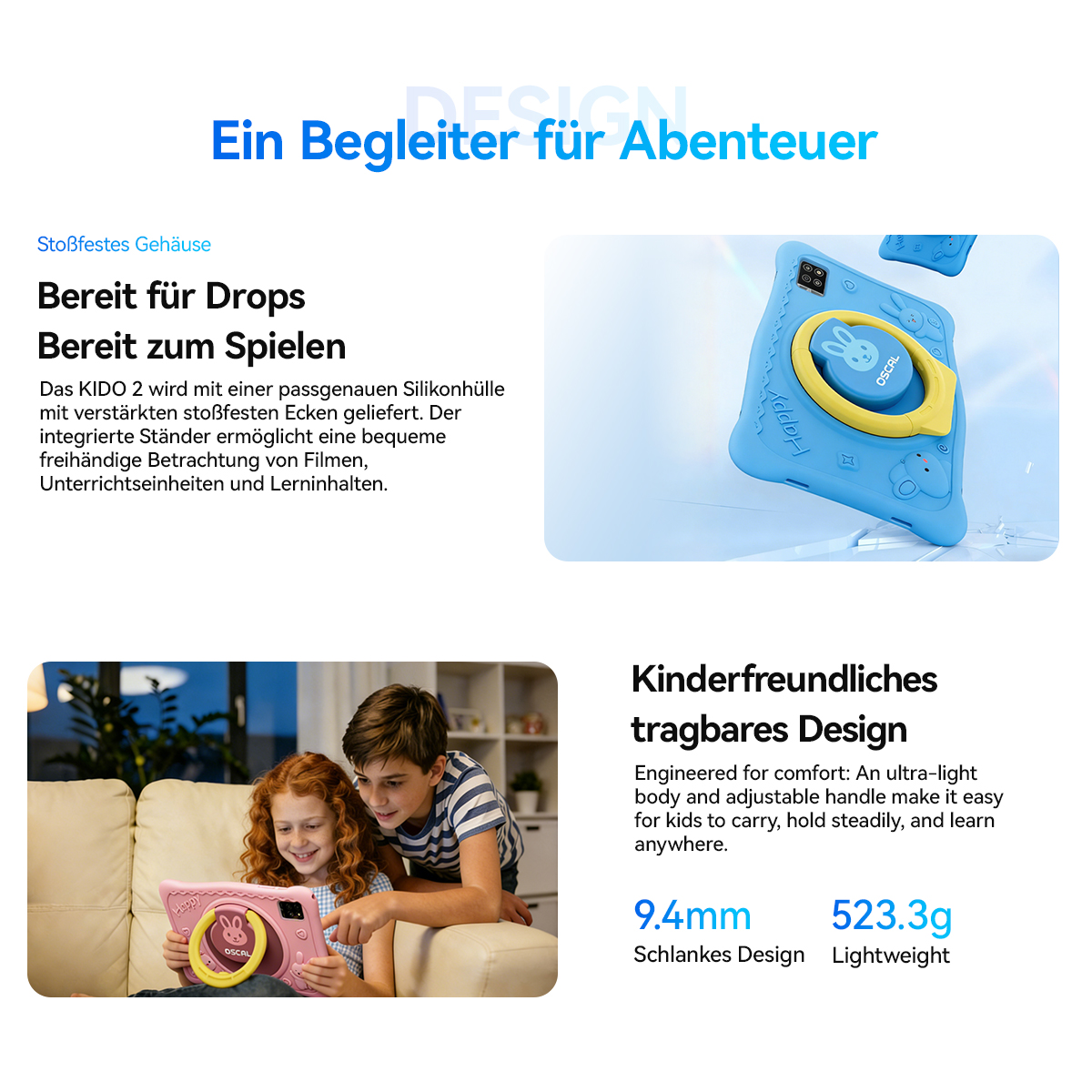 Kinder benutzen ein pinkes Tablet mit gelbem Griff. Ein blaues Tablet mit Hasendesign ist zu sehen.