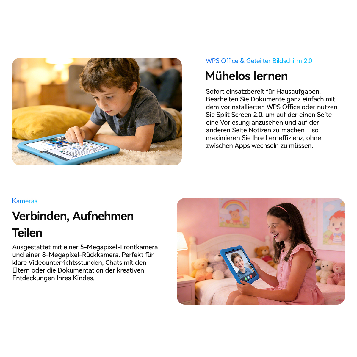 Junge mit Tablet liegt auf Teppich. Mädchen macht Videoanruf im Bett.