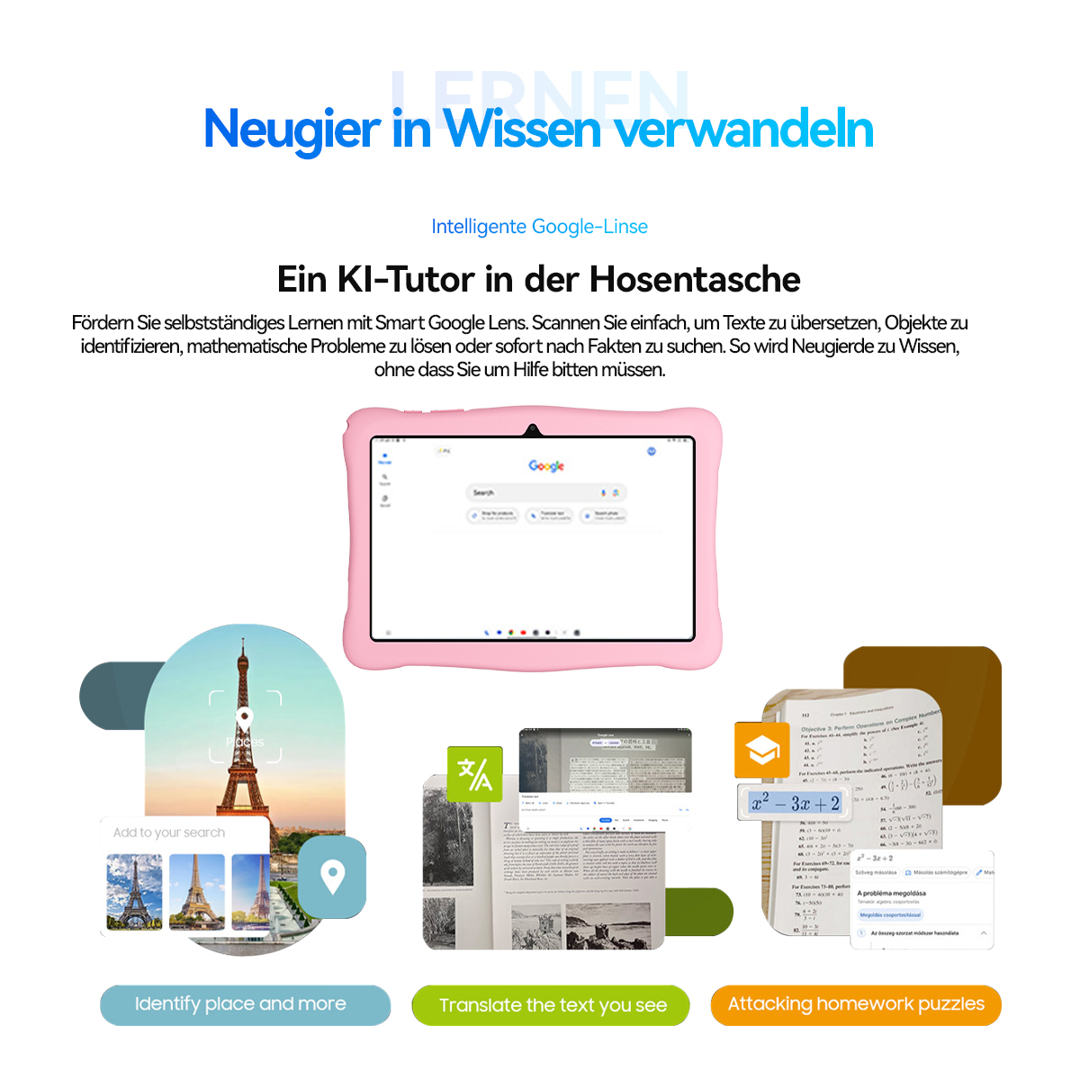 Ein rosa Tablet zeigt die Google-Suche. Daneben sind Sehenswürdigkeiten, Bücher und Matheaufgaben.