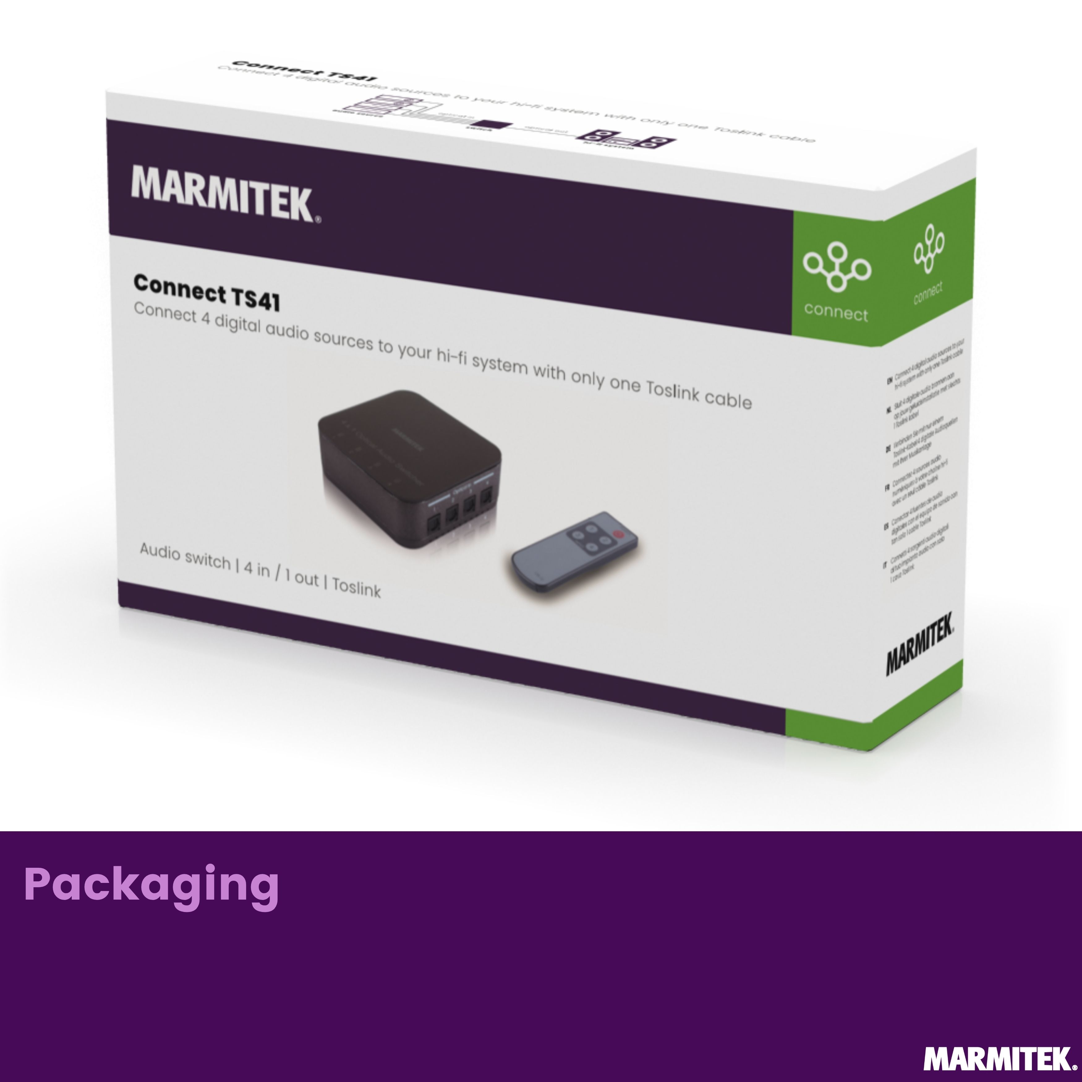 Marmitek Connect TS41 audio switch verpakking met afstandsbediening en besch.