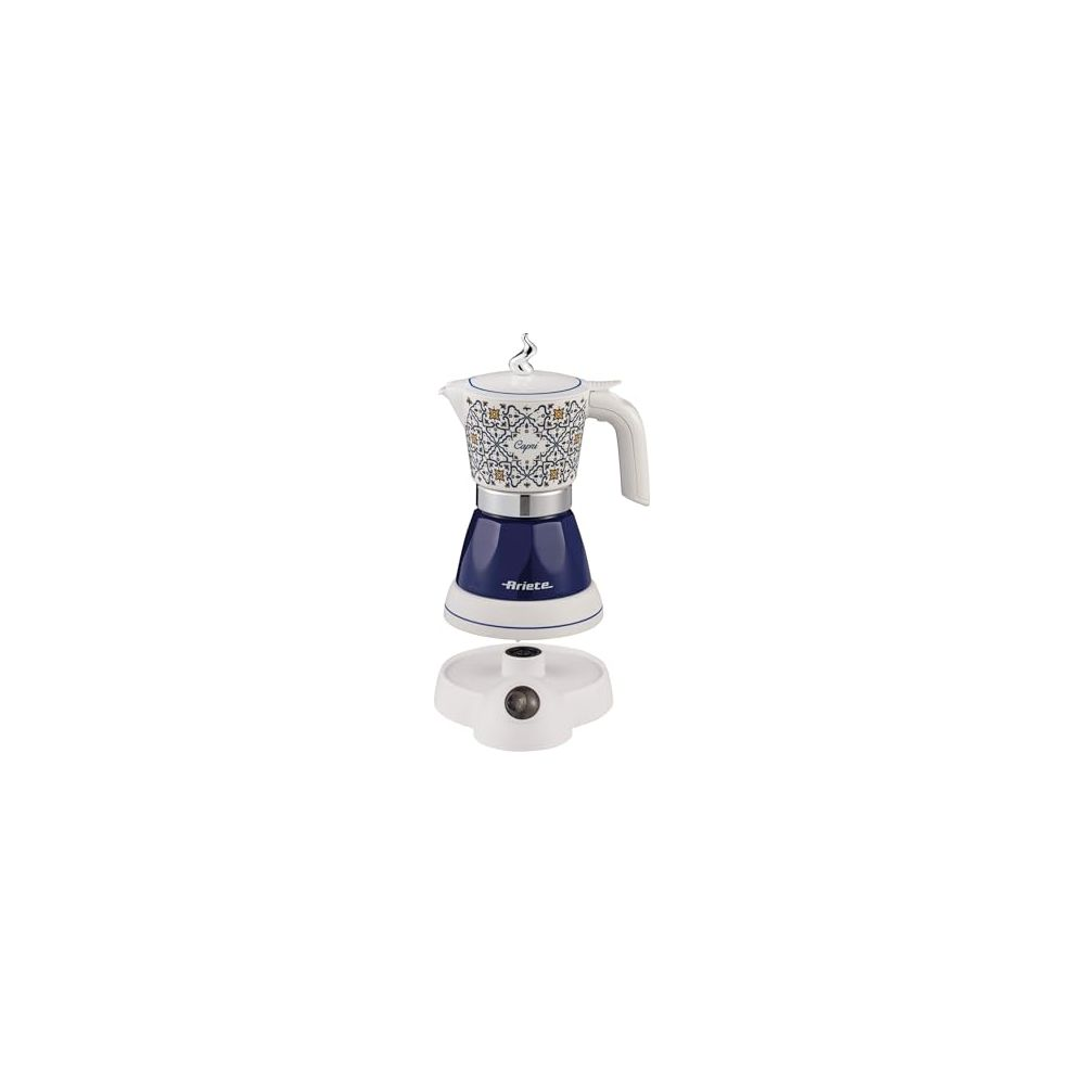 Eine weiße Espressokanne mit blauem Unterteil und Muster.