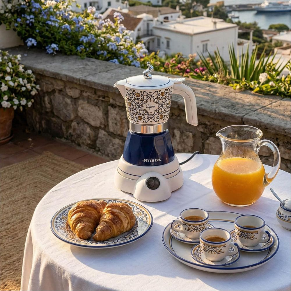 Ein Frühstückstisch mit Kaffeemaschine, Saftkrug, Croissants und Espressotassen mit Blick auf das Meer.